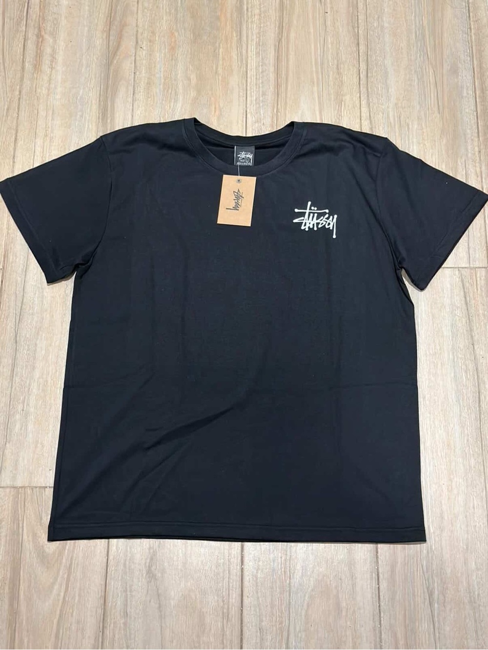 Stussy Black Short Sleeve Crew Tee with White Chest Script